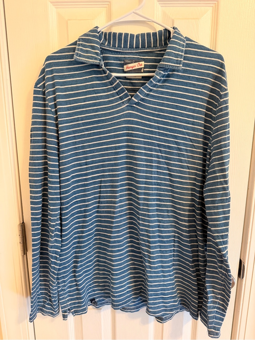 johnnie-O Blue and White Striped Long-Sleeve Polo